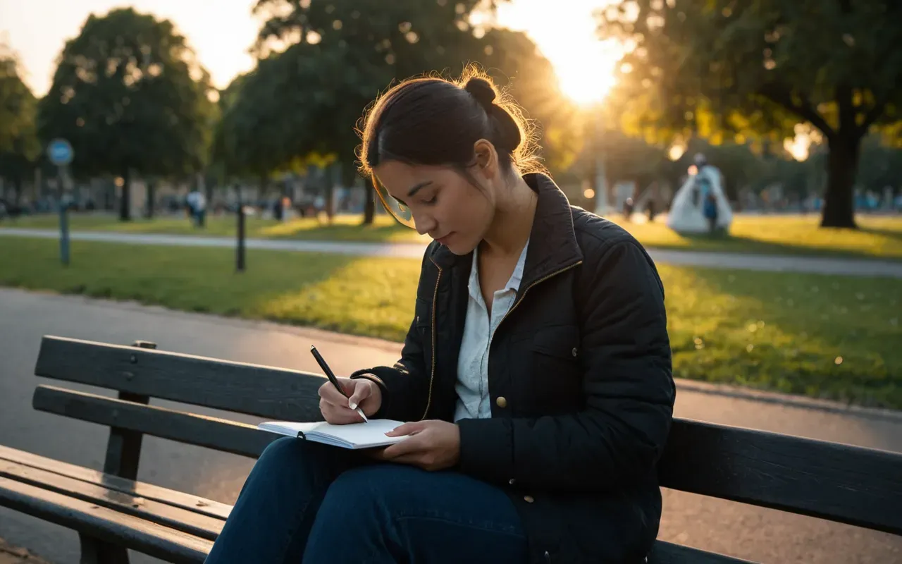 içsel farkındalık şifası A person sitting in a quiet park at sunset. They are holding a small notebook and writing calmly. The scene is peaceful with soft golden light illuminating their face.