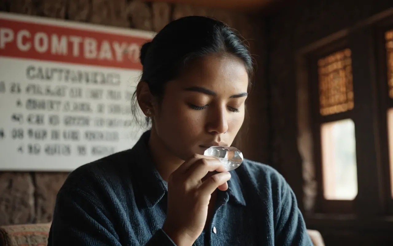 A person sitting in a quiet room holding a small crystal stone while practicing deep breathing with eyes closed and soft morning light illuminating their face.