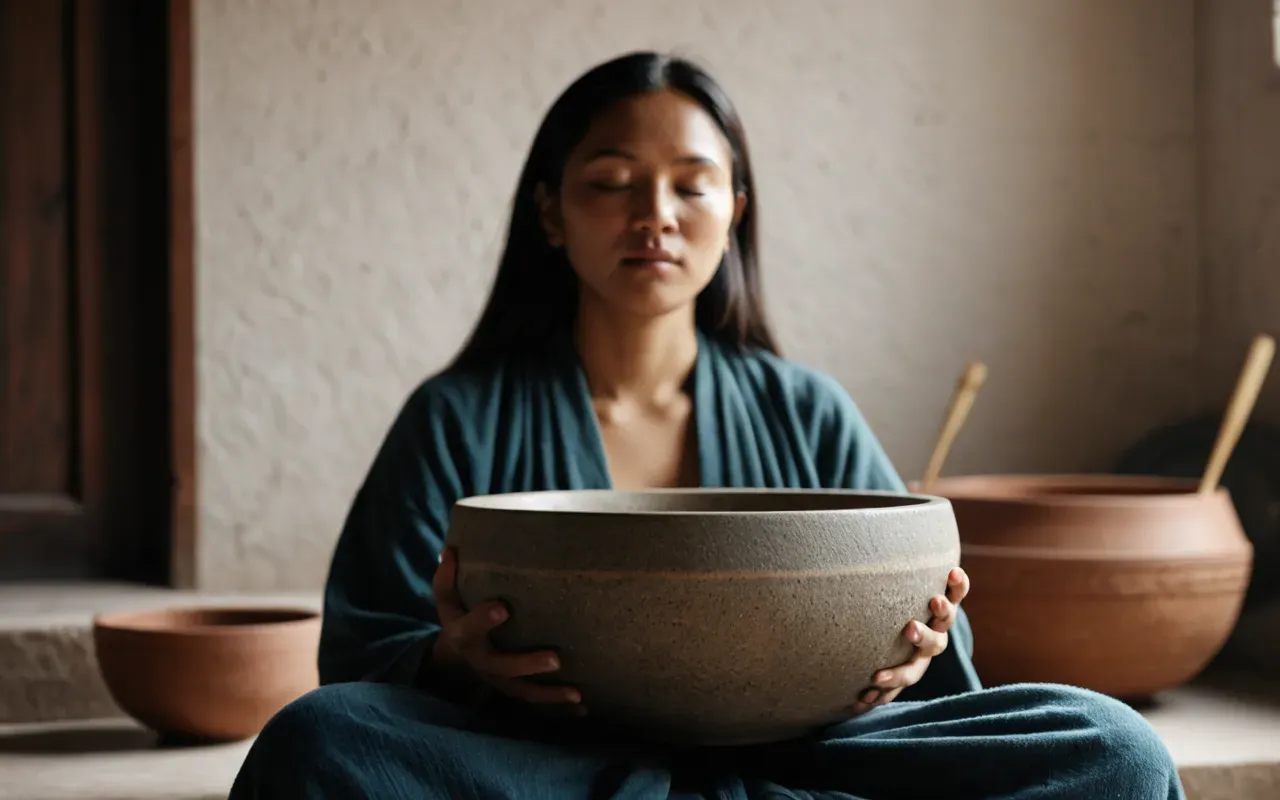 ses şifası uygulaması A person sitting peacefully in a modern room with soft natural light closing their eyes while holding a large stone singing bowl. The scene conveys deep relaxation and mental clarity without any visible text or branding.