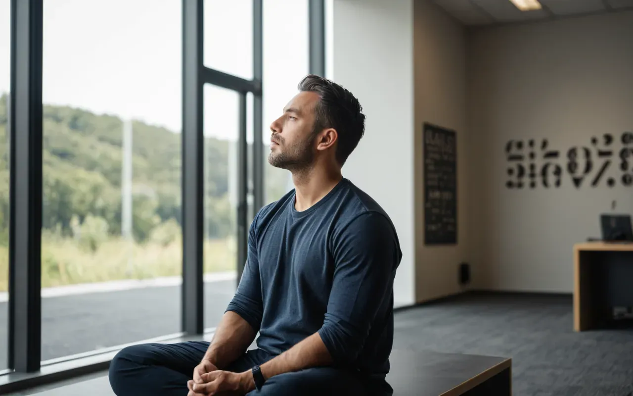 iş ortamında meditasyon A professional in a modern office setting taking a moment of deep breathing and meditation. Natural light streams through large windows. The mood is focused yet relaxed.