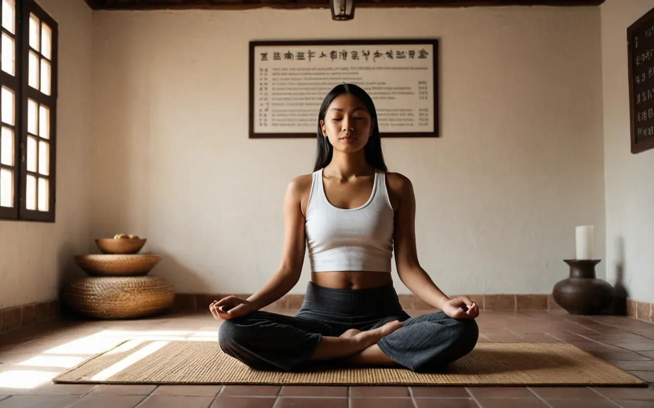 A serene meditation room with soft ambient lighting and a person sitting cross-legged on a mat, surrounded by calm energy waves visualized as gentle light patterns.