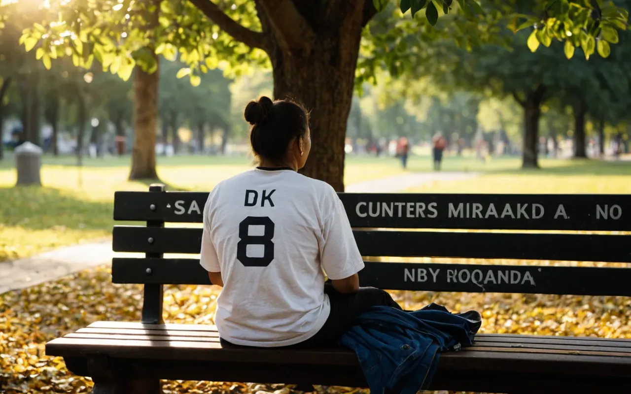 doğada stres azaltma teknikleri A serene outdoor park bench where a person is sitting with eyes closed in deep focus. Golden hour sunlight filters through the leaves of large trees, casting dappled shadows on the paved path nearby.