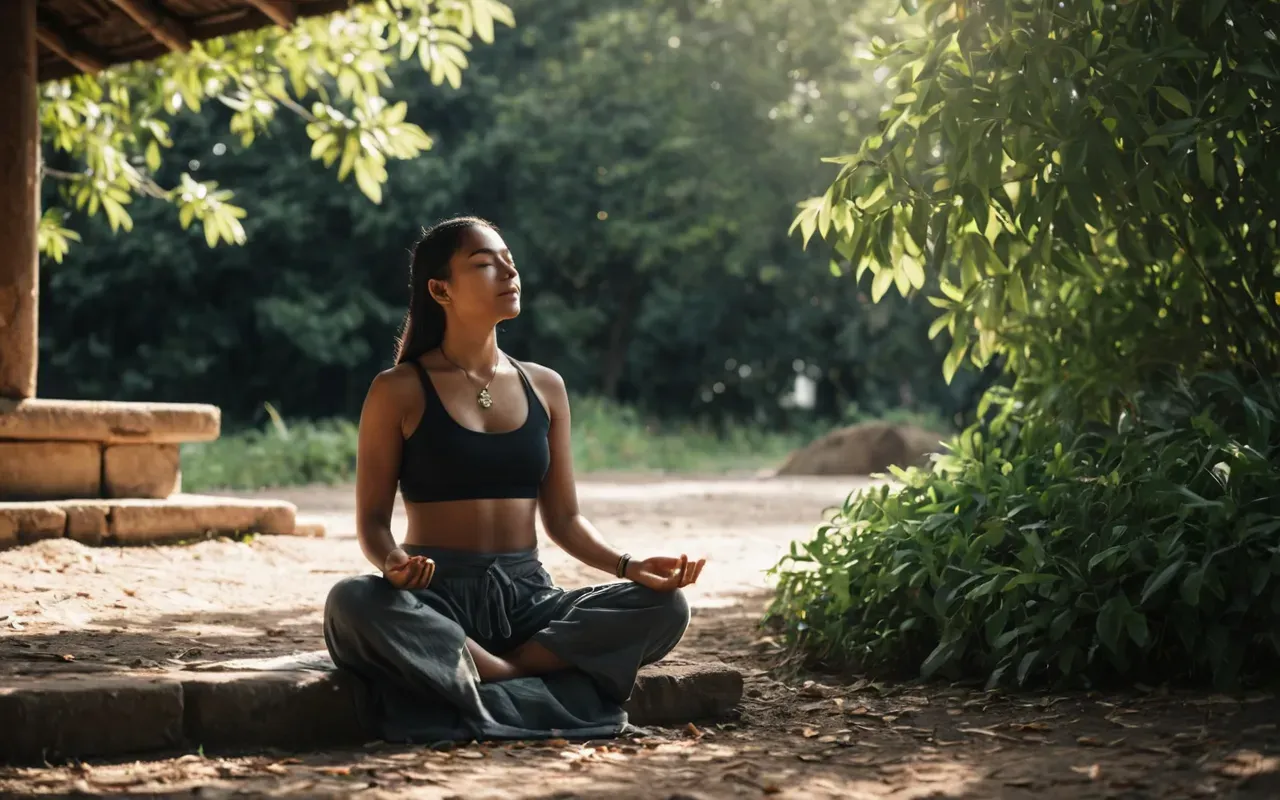 doğal ortam meditasyonu A serene person meditating in a natural outdoor setting with soft sunlight filtering through leaves. The focus is on the calm expression and relaxed posture without any specific cultural markers.