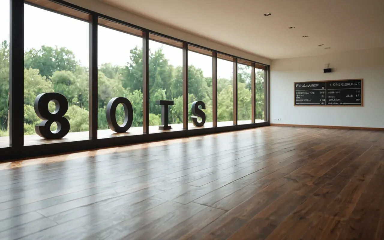 A serene view of a modern yoga studio with wooden floors and large windows showing green trees outside, soft morning light entering the space.