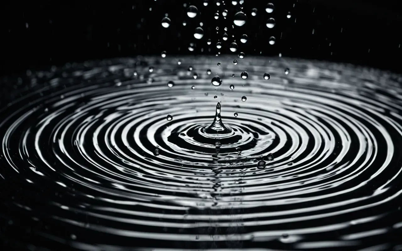 ses dalgaları su deseni Abstract macro photography of sound waves creating visual patterns in water droplets on a dark background, high contrast lighting showing ripple effects and fluid dynamics without any text or labels.