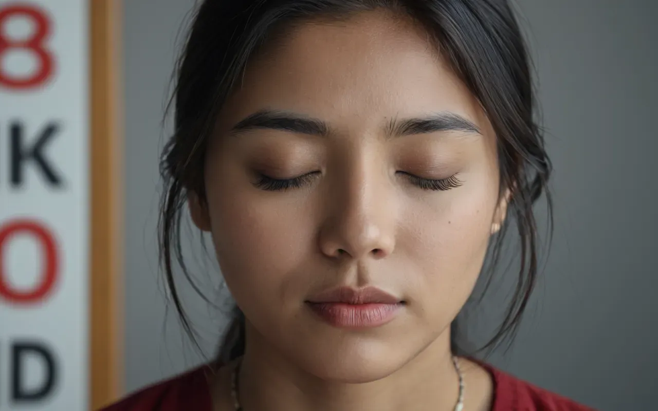 sessizlik ve iç huzur Close-up of a calm face with eyes closed in soft studio light, shallow depth of field, neutral grey background, editorial photography style focusing on serene expression and smooth skin texture without any text or logos.