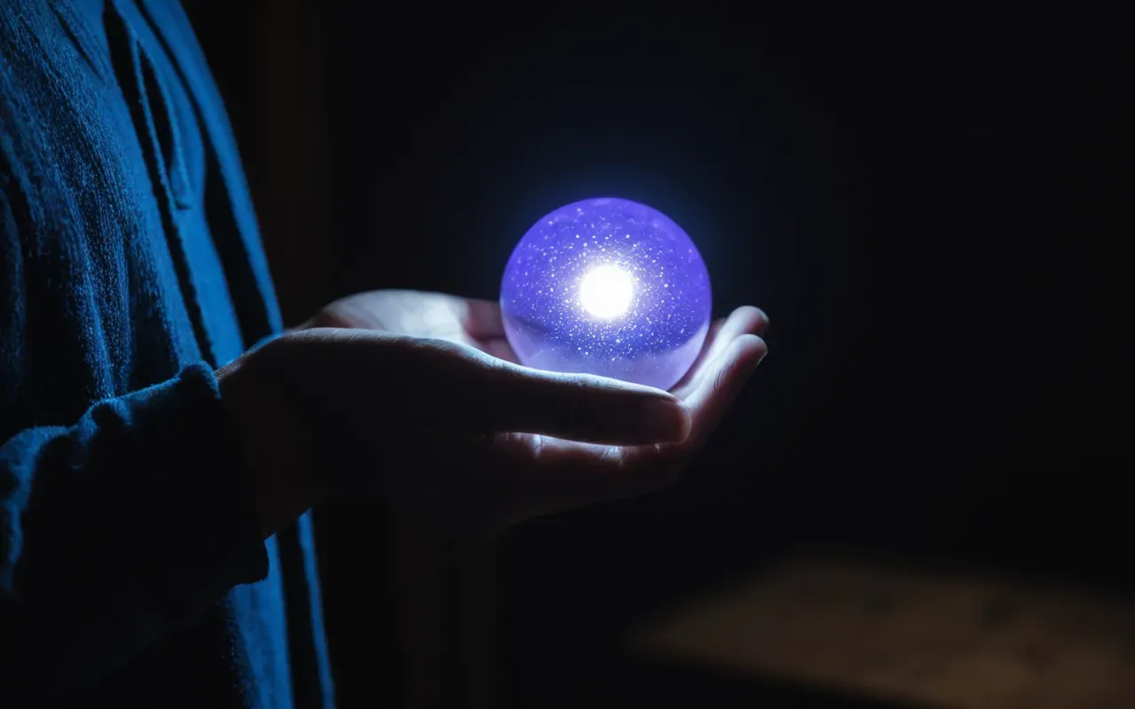 enerji topu görseli Close up of a hand holding a small glowing orb of light in a dark room. The orb emits soft purple and blue hues representing energy fields. No text or background distractions.