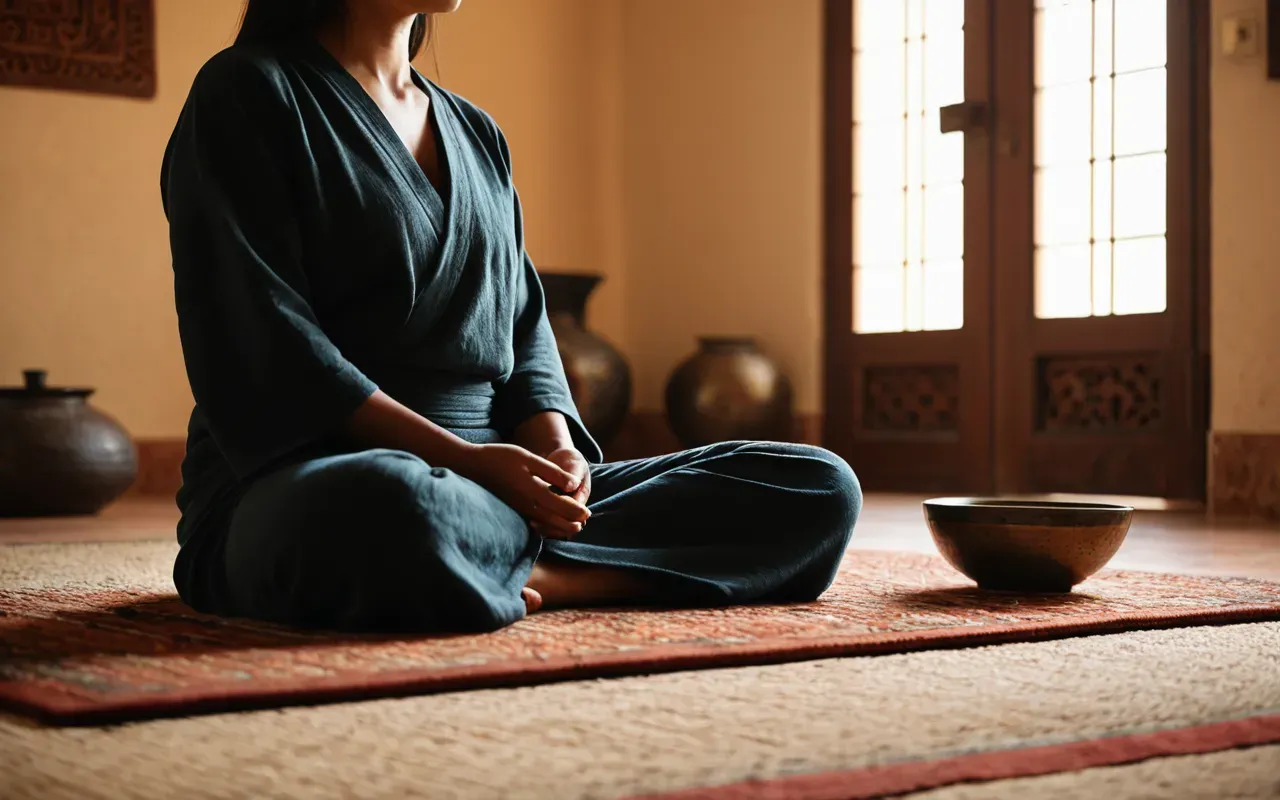 Close-up of a person seated cross-legged on a soft rug in a serene meditation space with warm ambient light and minimal decor. A small bowl gong rests nearby while hands rest gently on the knees.