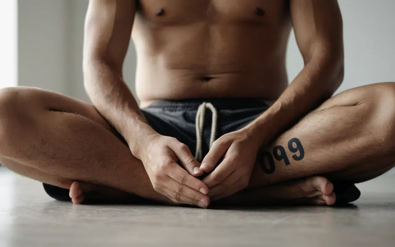 Close-up of a person's hands gently resting on their knees during a meditation session in a bright modern room with soft diffused lighting and neutral colors.