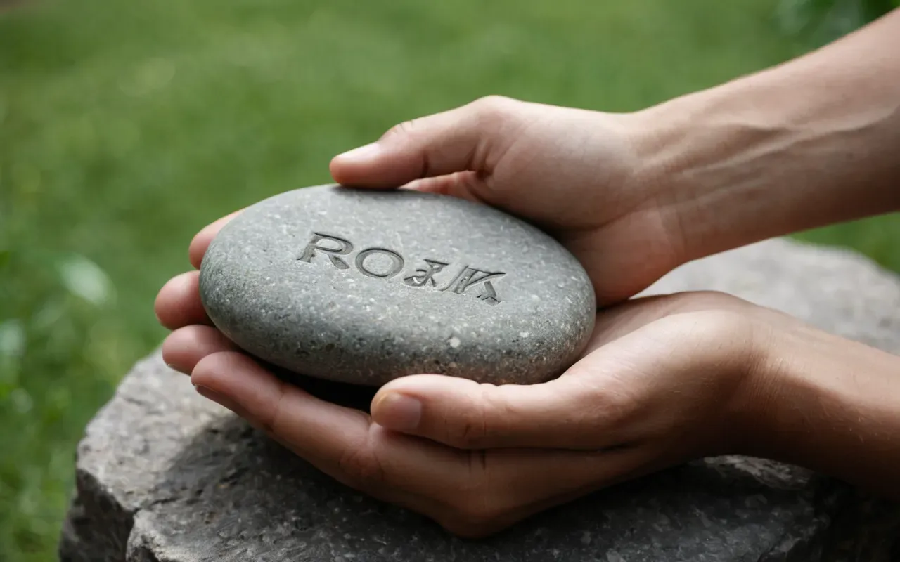 Close-up of a person's hands holding a smooth stone in a peaceful outdoor setting with soft natural light and blurred green background.