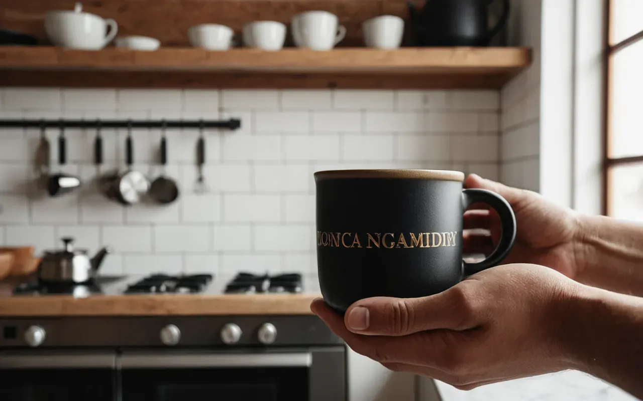 Close-up of a person's hands holding a warm ceramic mug in a modern minimalist kitchen with soft natural lighting and neutral tones.