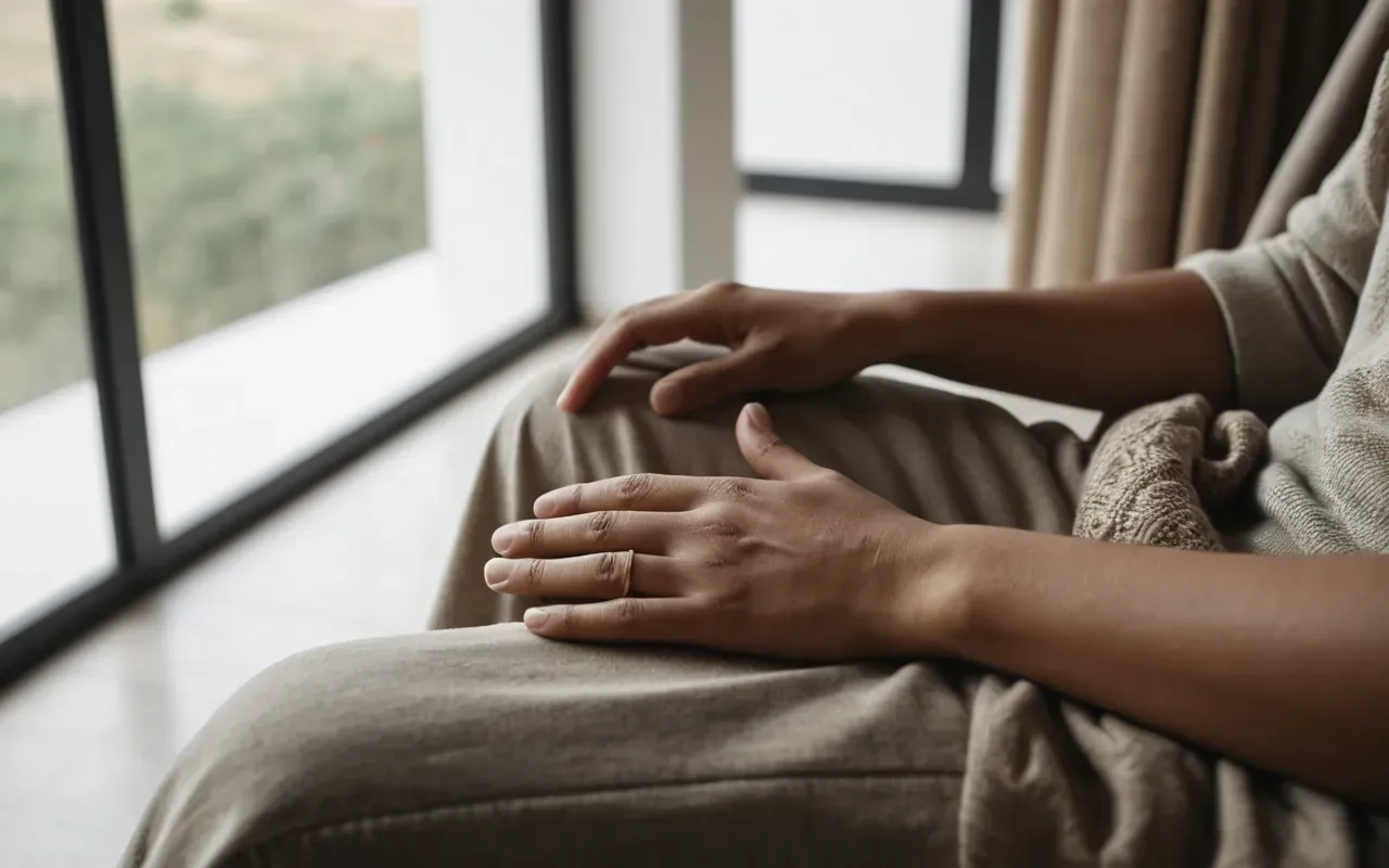 Close-up of a person's hands resting calmly on their lap in a modern minimalist living room, soft natural daylight from large windows, neutral beige tones and clean composition