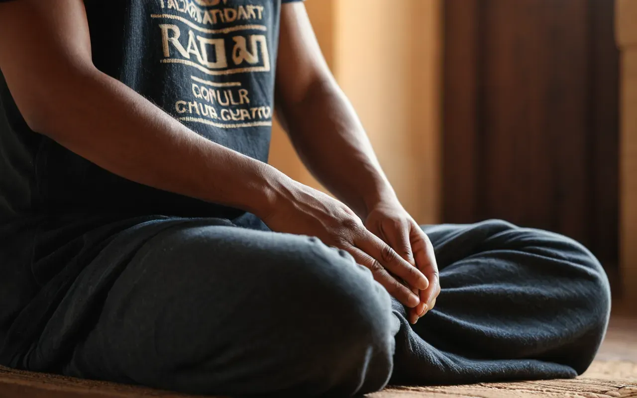 meditasyon duruşu Close-up of a person's hands resting gently on their knees during meditation in a modern serene environment with soft focus and warm lighting