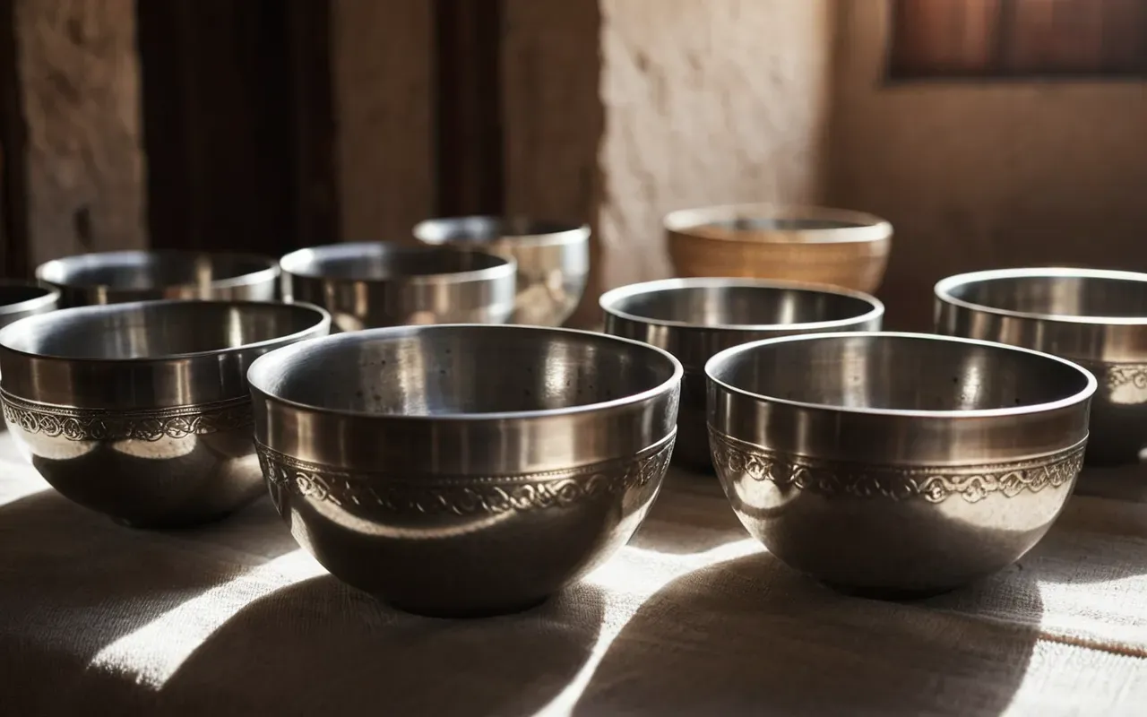 Close-up of polished metal singing bowls resting on a soft cloth. Gentle ripples in the air are suggested by soft lighting and shadows. The scene conveys deep relaxation and auditory healing without any visible text.