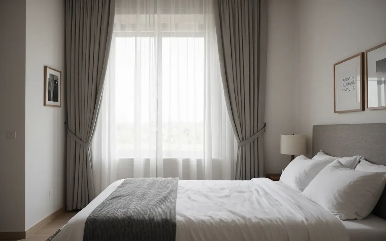 Interior of a modern minimalist bedroom with clean white linens and soft morning light streaming through sheer curtains, neutral palette and calm atmosphere