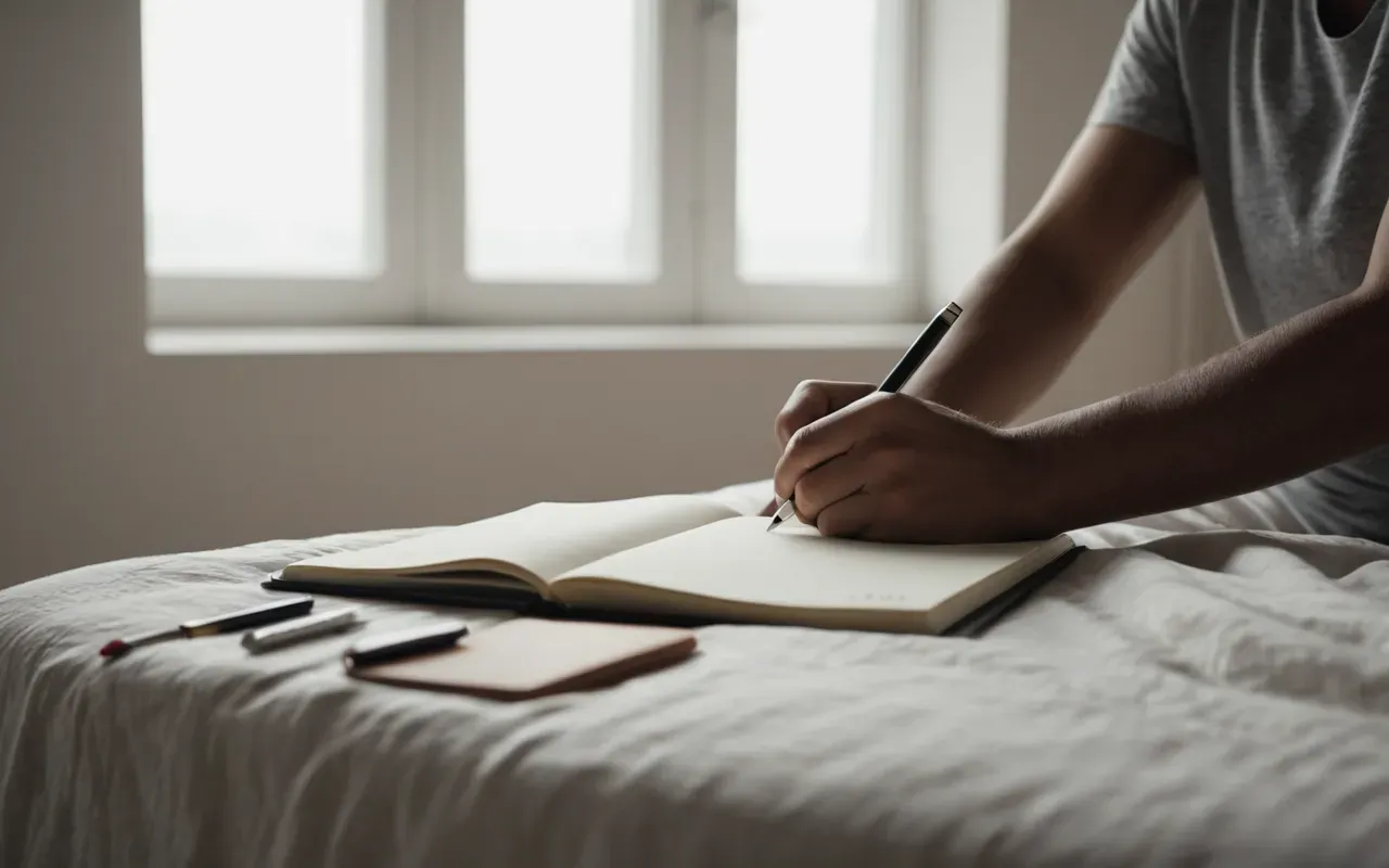 Interior of a modern minimalist bedroom with soft morning light, a person sitting on the edge of the bed writing in a small notebook, neutral linens and calm atmosphere.