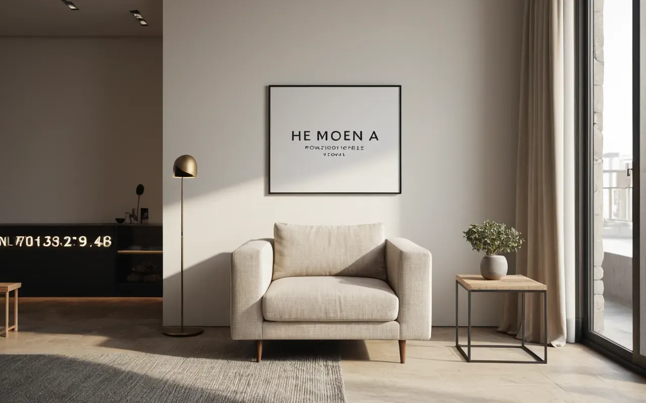 minimalist yaşam alanı huzur Minimalist modern living room with a single comfortable armchair facing a large window, soft natural light streaming in, neutral beige tones, clean lines, no furniture clutter, editorial interior photography without any text or decorations.