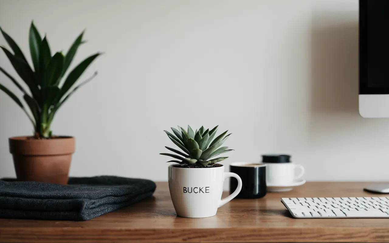 Modern minimalist workspace with a ceramic coffee cup and a small potted plant on a clean wooden desk, soft diffused daylight and neutral tones