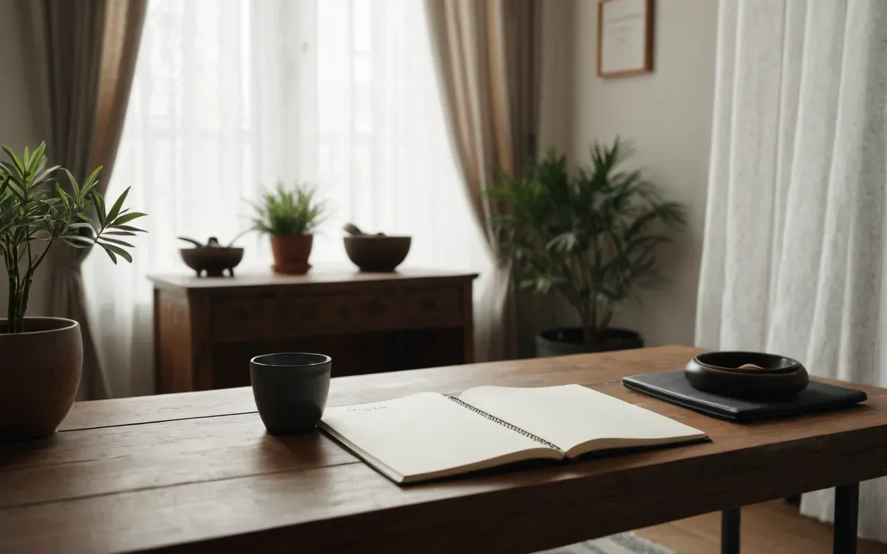 Wide shot of a calm modern workspace with a wooden desk, an open notebook, and a small plant in a ceramic pot. Soft natural light streams through sheer curtains onto the surface.