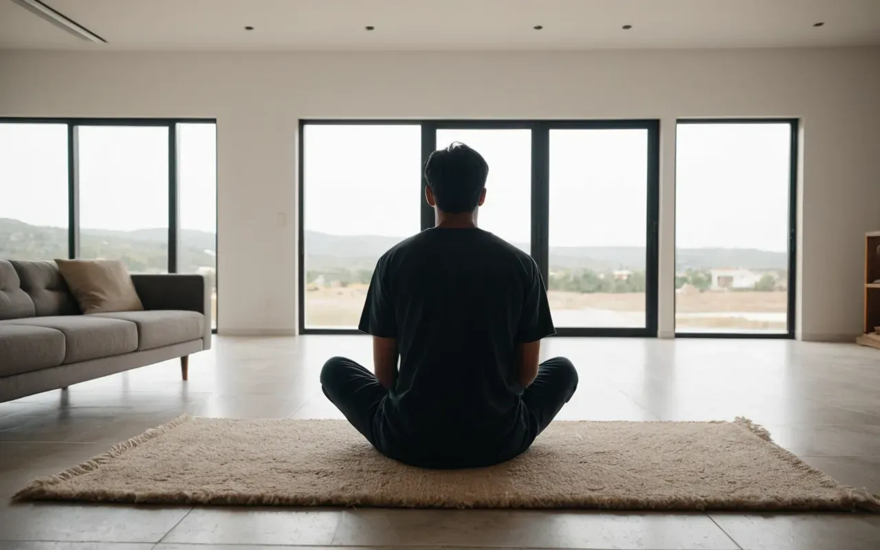 Wide shot of a modern minimalist living room with soft natural daylight streaming through large windows, a person sitting cross-legged on a neutral-toned rug, calm and serene atmosphere, editorial photography style.