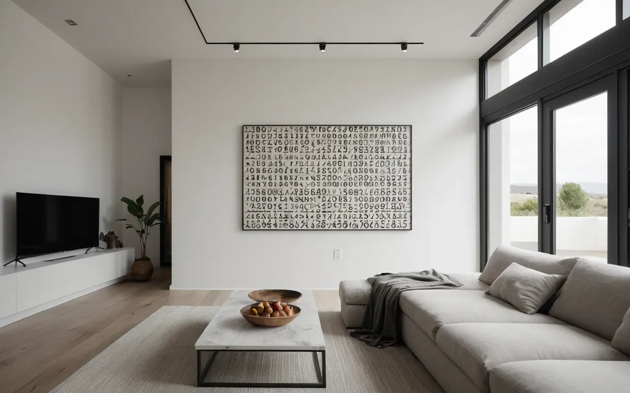 Wide shot of a modern minimalist living room with clean white walls and a large window, soft natural light and calm neutral palette