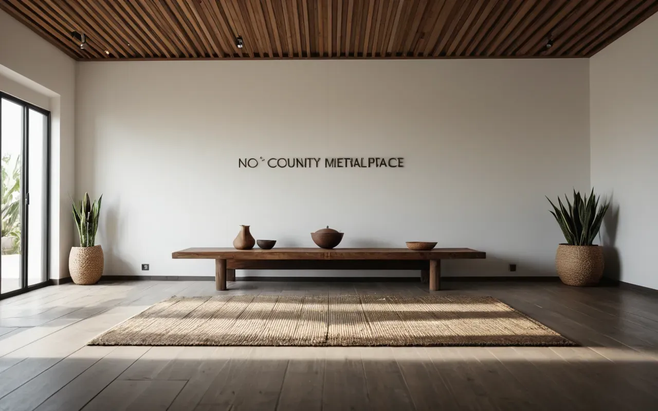 meditasyon ortamı Wide shot of a modern minimalist meditation space with clean lines and natural materials in soft ambient lighting creating a serene atmosphere