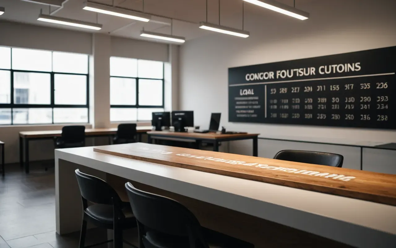 modern çalışma alanı Wide shot of a modern minimalist workspace with clean surfaces and natural materials in soft ambient lighting creating a calm professional atmosphere