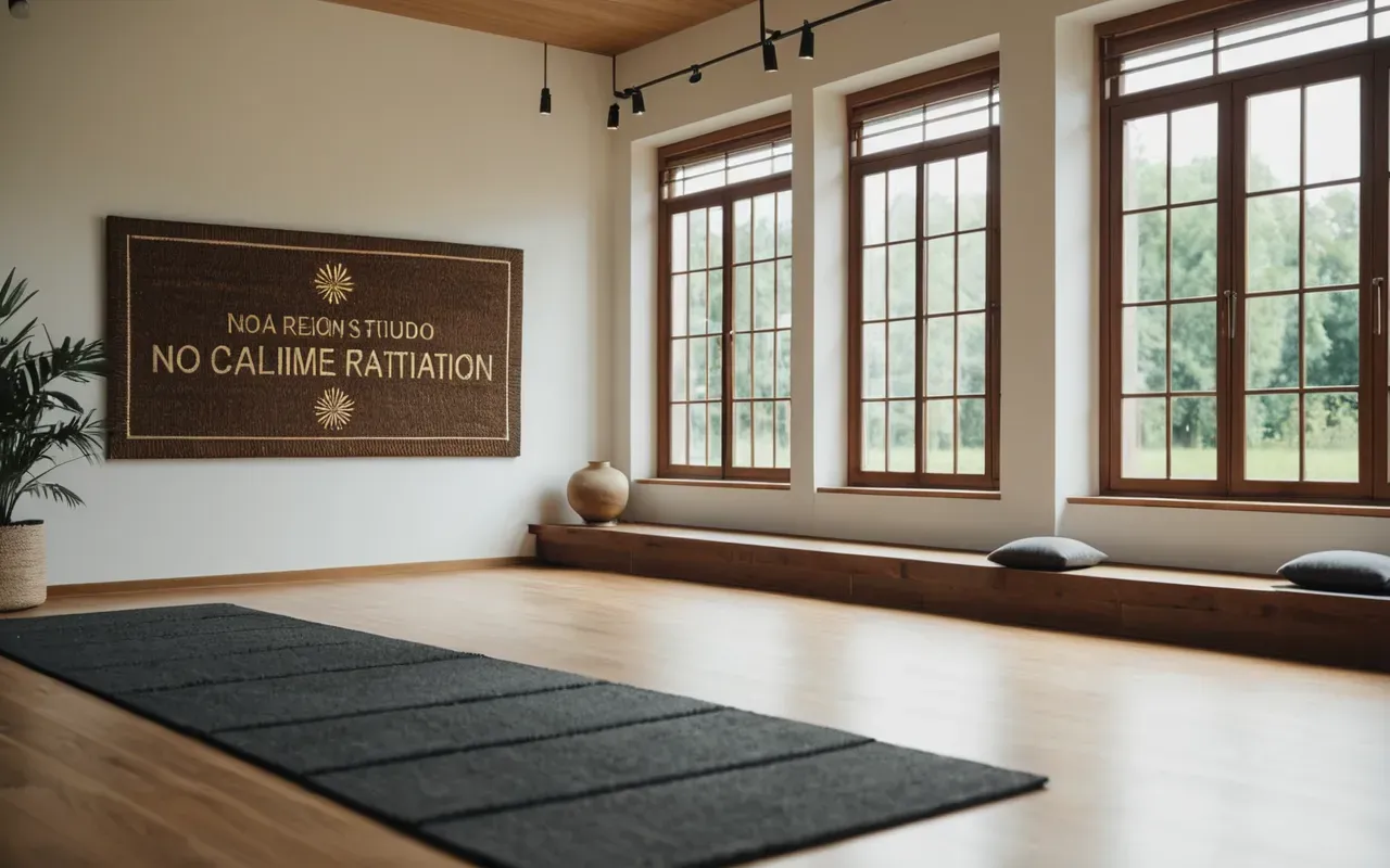 Wide shot of a serene modern meditation studio with large windows overlooking a calm garden, soft natural light and neutral decor.