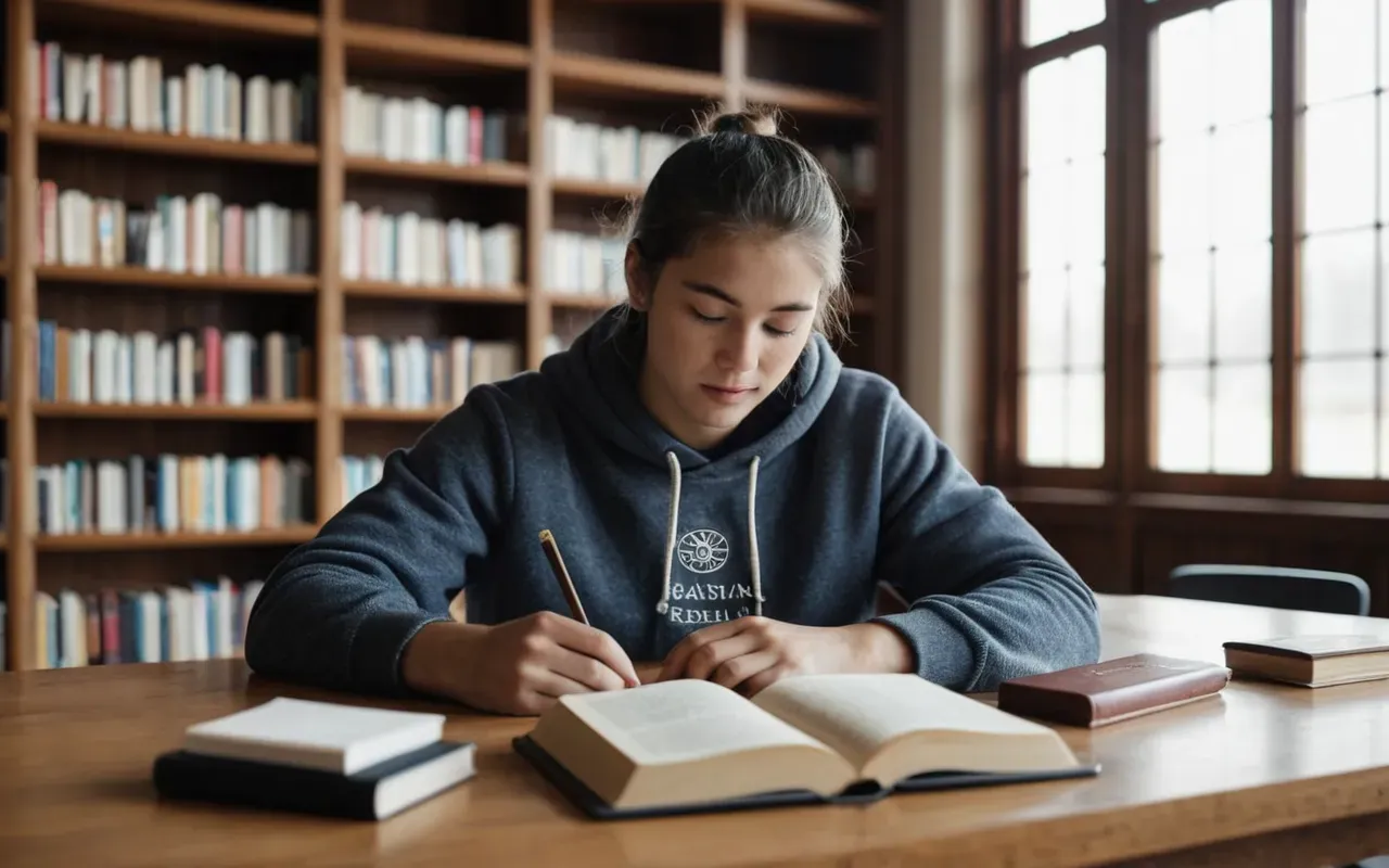 A bright modern library with a young student sitting at a wooden table, reading an open book. Soft natural light from large windows illuminates the space, creating a calm and focused atmosphere.
