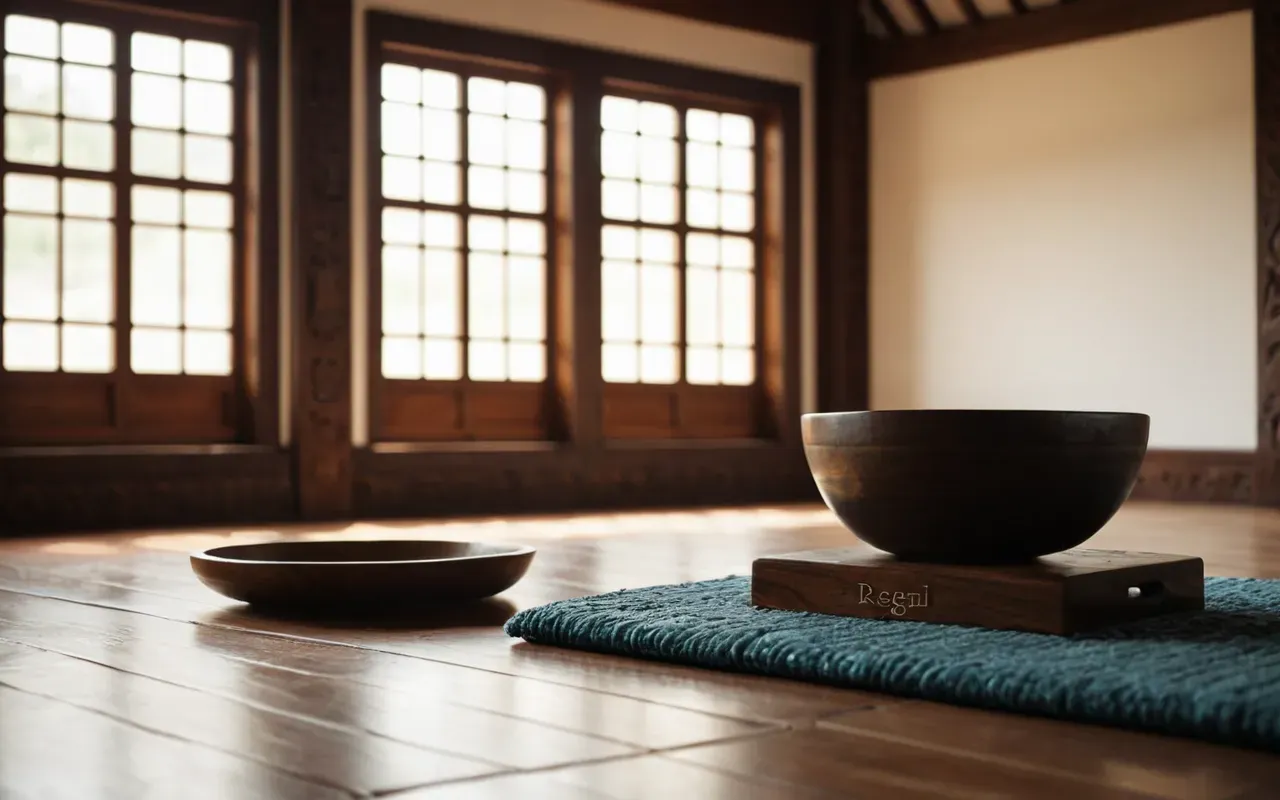 meditasyon odası A calm and serene meditation room with soft natural light streaming through large windows, comfortable cushions on the floor, and a single wooden singing bowl resting in the center of the space, creating a peaceful atmosphere.