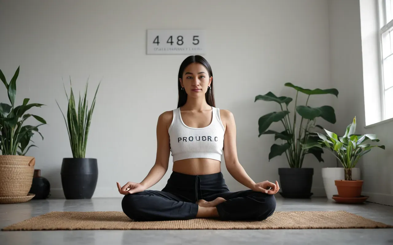 meditasyon pratikleri A clean modern minimalist room with a person sitting in lotus position on the floor next to an acoustic tuning fork and a small potted plant under soft natural daylight.
