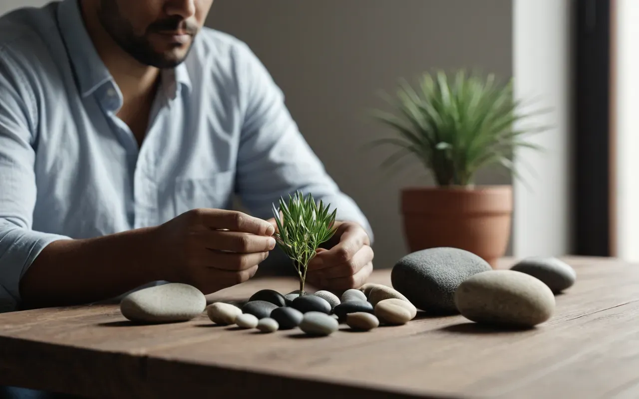 A close-up of a calm person sitting in a minimalist room. They are holding smooth river stones and looking at a small plant on the table. Soft natural light from a window creates a peaceful mood.