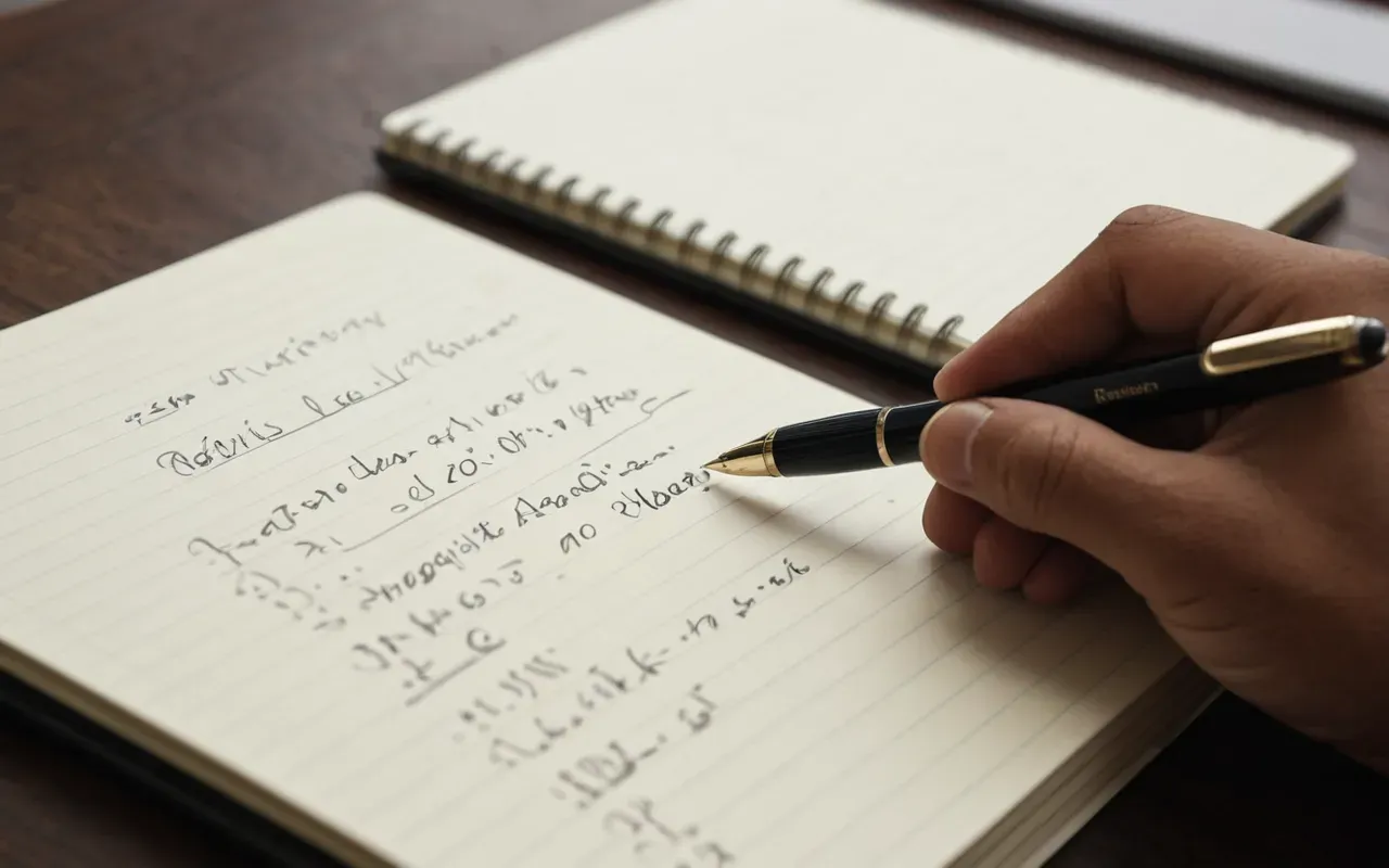 A close-up of a hand holding a pen over a neatly organized notebook with clean handwriting. The background is softly blurred, highlighting the focus and precision of the study process.