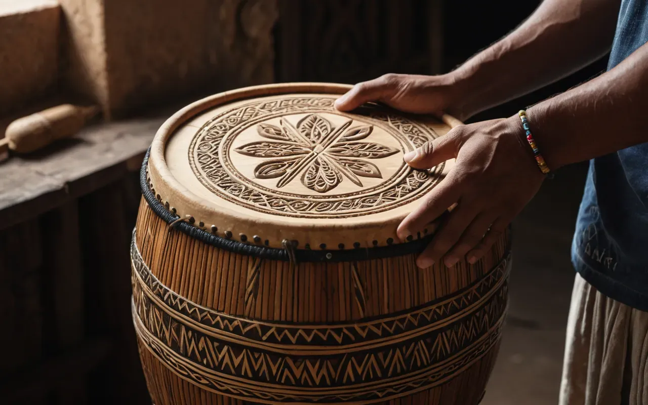 ritüel enstrümanlar A close up of a hand holding a smooth wooden drum with intricate carved patterns in soft studio lighting highlighting the texture and craftsmanship.