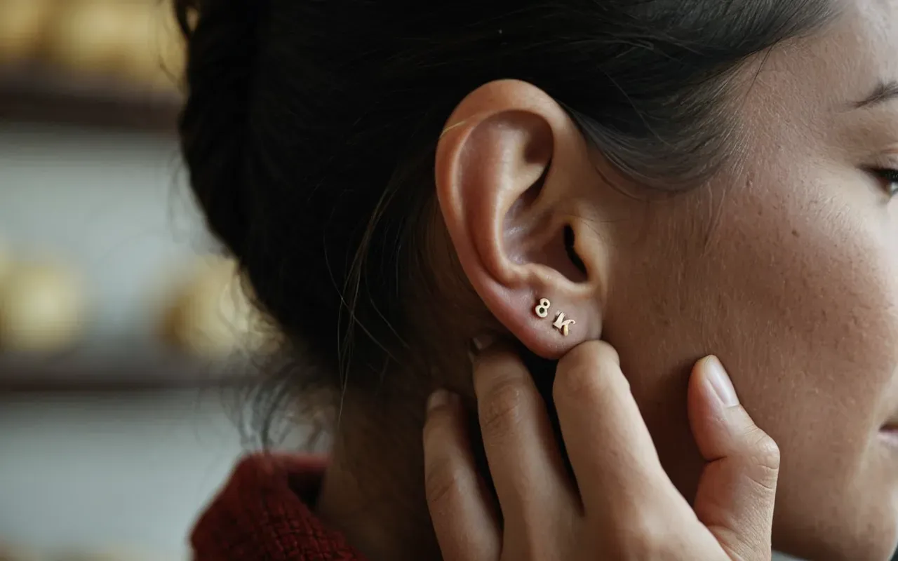 A close-up of a person's hands gently pressing on the outer edge of their ear. The skin texture is visible and natural. Soft, diffused lighting highlights the delicate contours of the hand and earlobe. A calm, neutral background with blurred warm tones suggests a peaceful indoor setting.