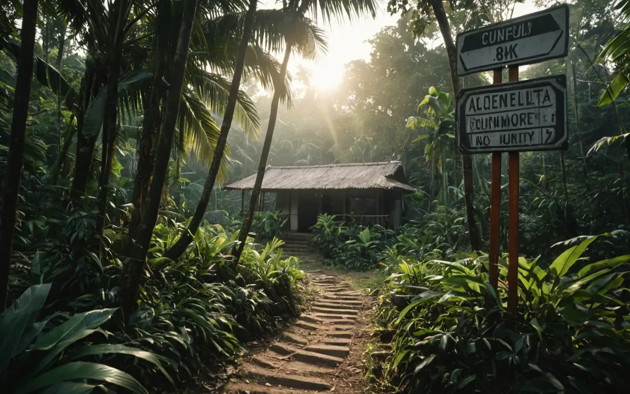 enerji çalışması A dense tropical jungle at golden hour with soft sunlight filtering through leaves and a calm mist rising from the forest floor creating a serene atmosphere.