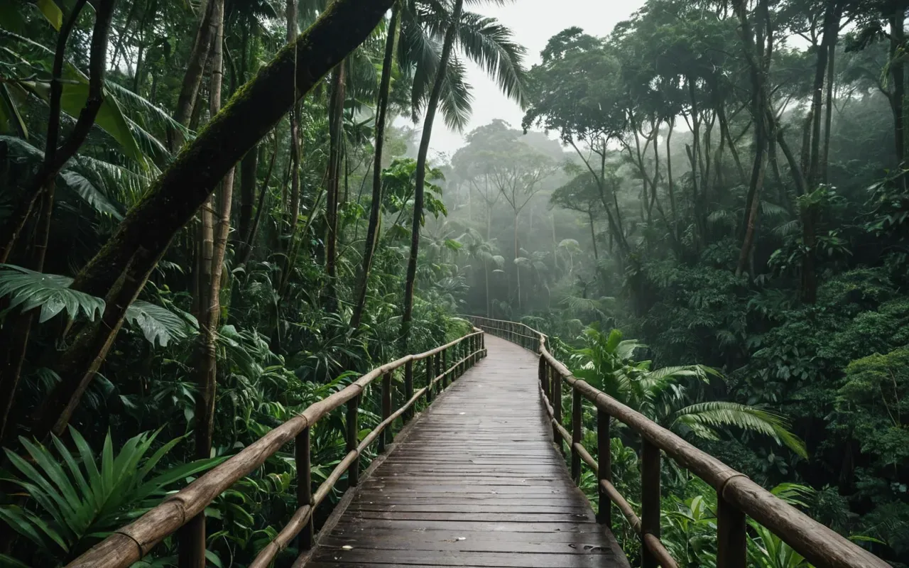 A dense tropical jungle with thick green foliage and morning mist. A wooden walking path winds through the trees. Soft natural light filters through the canopy creating a serene atmosphere.