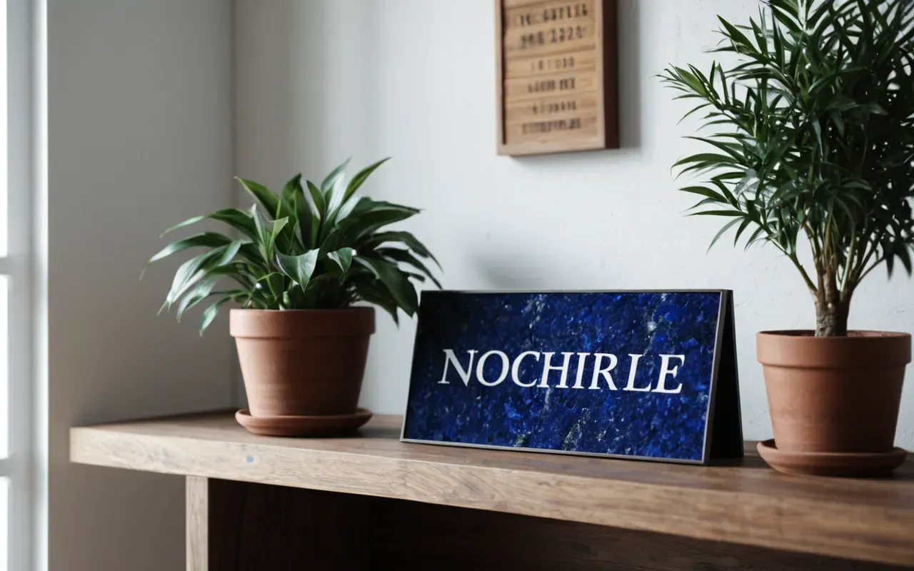 lapis lazuli A modern minimalist room with a blue lapis lazuli stone on a wooden shelf next to a potted plant and soft sunlight streaming through the window.