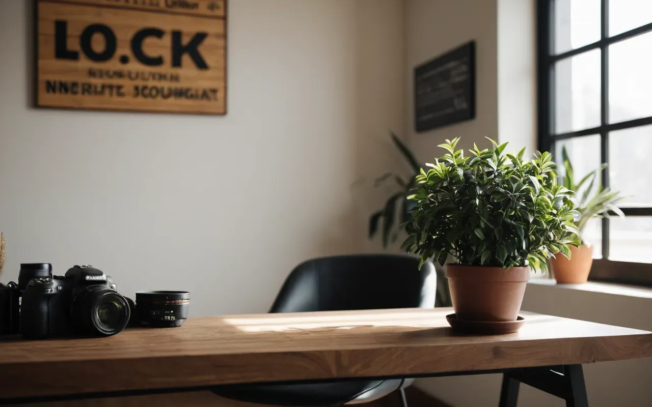 motivasyon çalışma ortamı A modern minimalist workspace with a wooden desk, a small potted plant, and soft diffused lighting from a large window creating gentle shadows on the light-colored wall