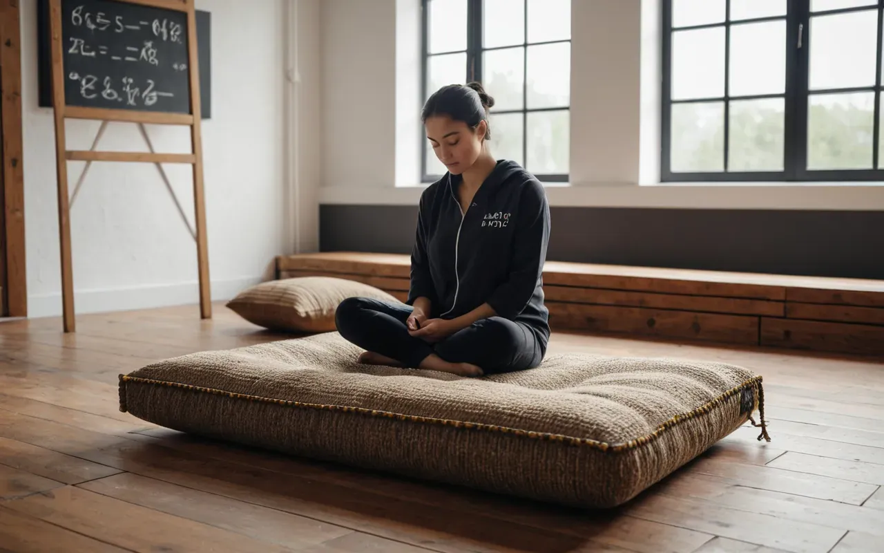 A modern wellness studio interior with soft natural light streaming through large windows. A person sits on a wooden floor cushion in deep relaxation, eyes closed, hands resting gently on their knees. The room features warm wood tones, smooth stone accents, and minimalist decor. No text or signage is visible.