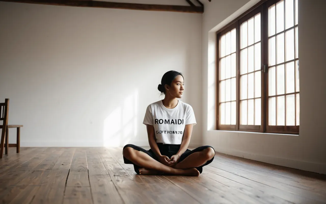 meditasyon ortamı A person sitting cross-legged on a simple wooden floor in a bright minimalist room with large windows and soft natural daylight streaming in from the side