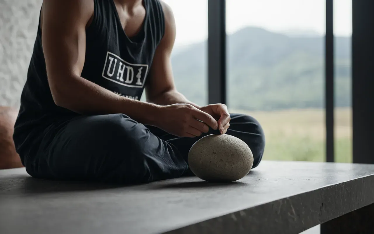 A person sitting in a modern minimalist room with soft natural light from large windows, holding a smooth stone object in their hands, calm and focused expression, clean neutral tones.