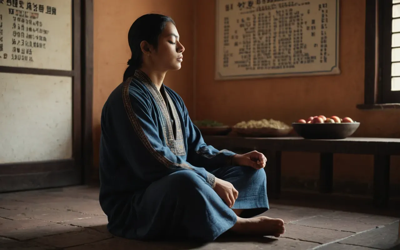 sessizlik pratiği A person sitting in a quiet room with eyes closed and hands resting on knees surrounded by soft ambient light creating a calm meditative atmosphere.