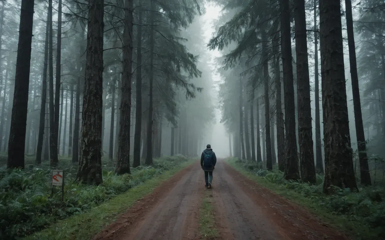 doğal meditasyon alanı A person walking through a misty forest path with tall trees on both sides and soft morning light creating a peaceful and mysterious mood.