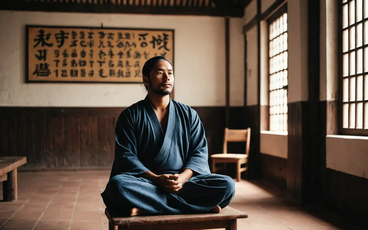 A serene indoor scene with a person meditating on a simple wooden chair. Soft golden hour light casts long shadows across the floor. The individual wears comfortable neutral-toned clothing and sits in perfect stillness, eyes gently closed. Minimalist surroundings include a small potted plant and smooth natural textures.