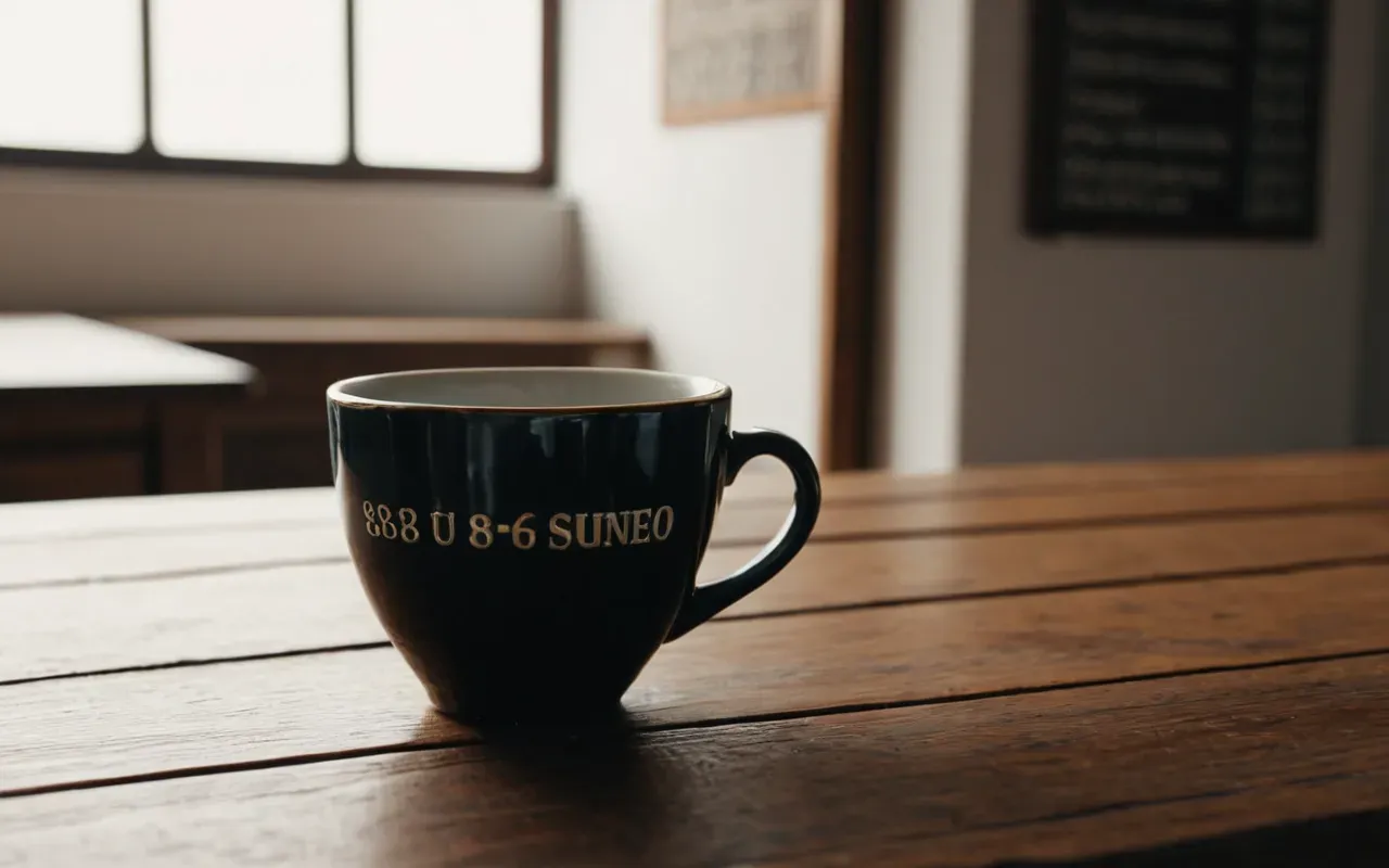 sakin atmosfer Clean editorial still life of a ceramic cup on a wooden table, soft morning light casting gentle shadows, minimalist and calming composition