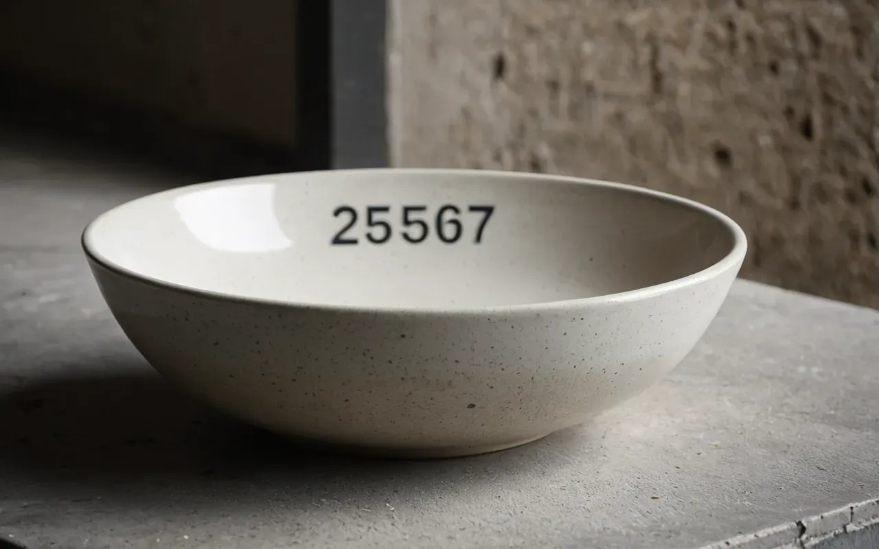 Clean editorial still life of a smooth ceramic bowl on a concrete surface with soft diffused light and neutral tones