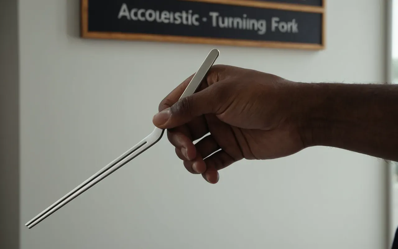 ses terapisi Close up of a hand holding an acoustic tuning fork near the ear in a quiet modern room with soft shadows and neutral tones.