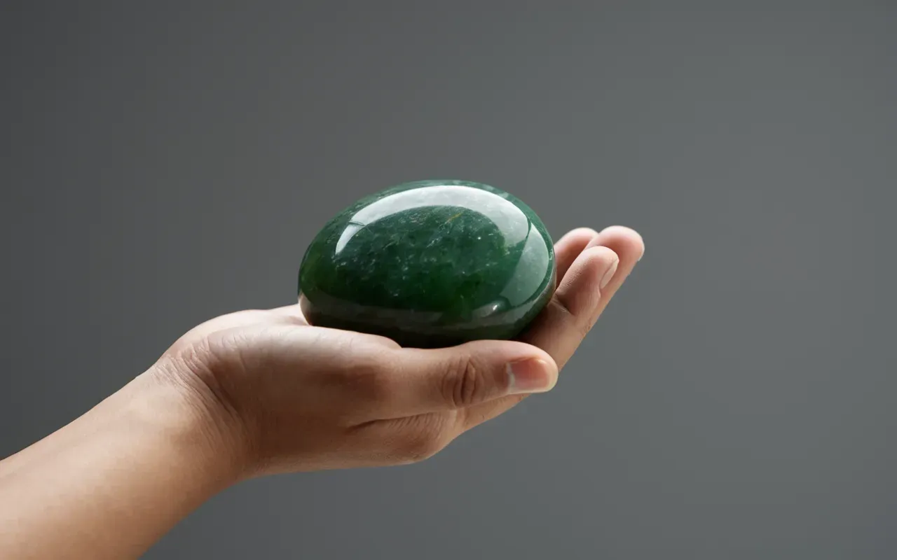 jade taşı el detayı Close-up of a human hand holding a smooth green jade stone against a neutral grey background with soft studio lighting.