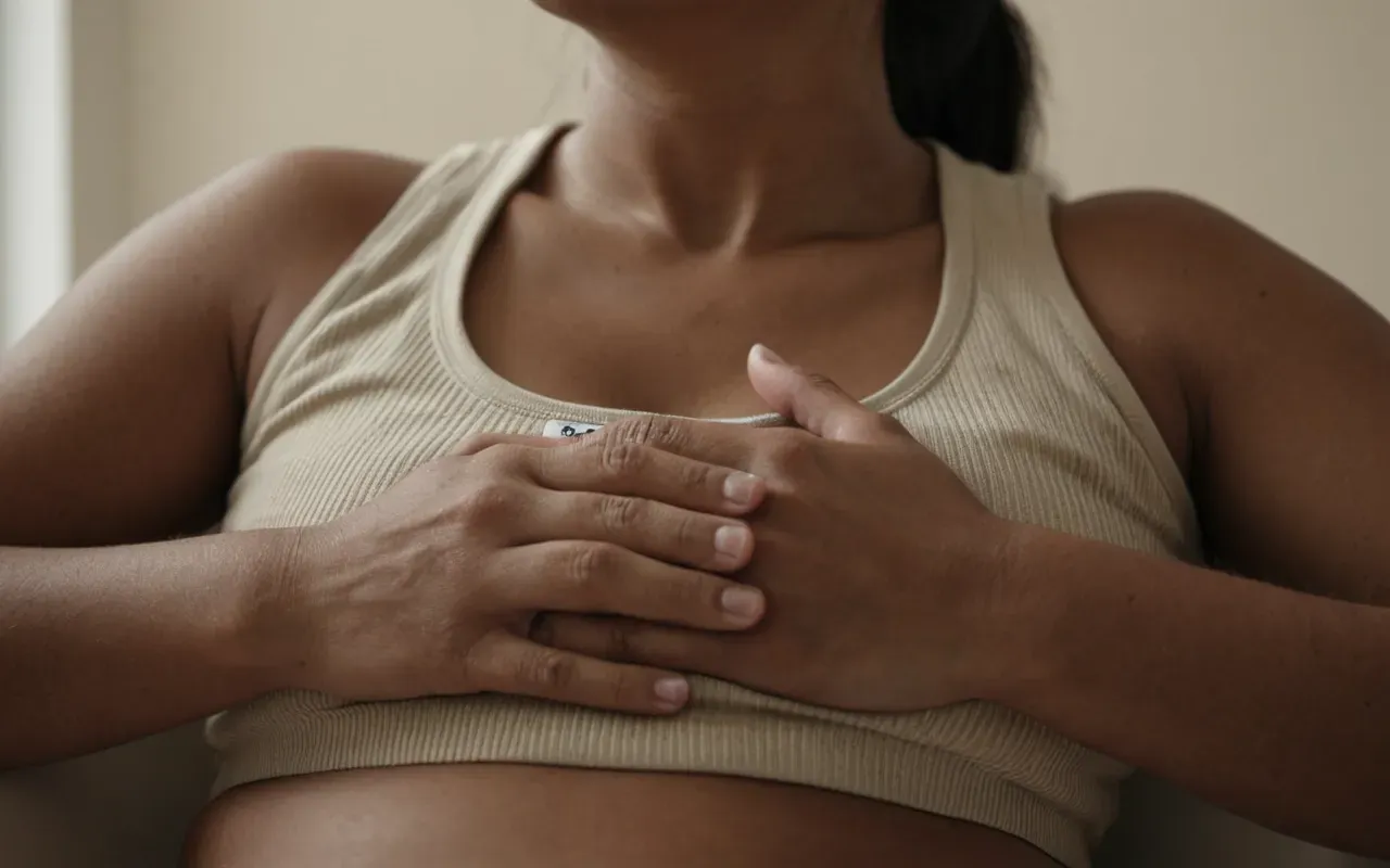 nefes egzersizi ortamı Close-up of a person's hands gently resting on their chest during a calm breathing exercise in a softly lit modern therapy room with neutral beige tones and a simple wooden chair visible in the background